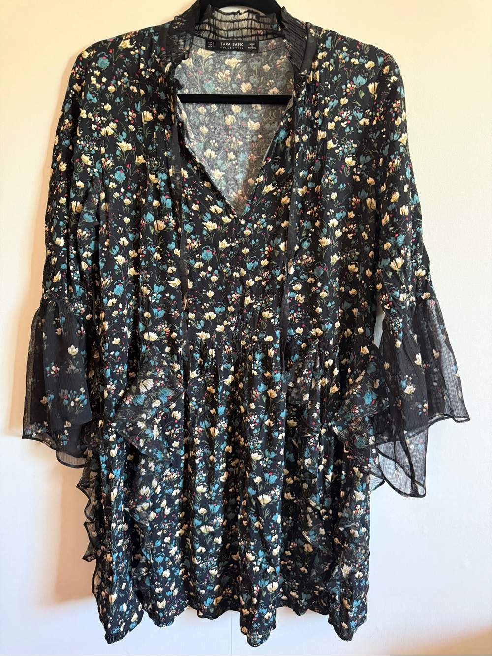 Zara Floral Ruffle Blouse Cottagecore Fairycore Sheer Boho Top L